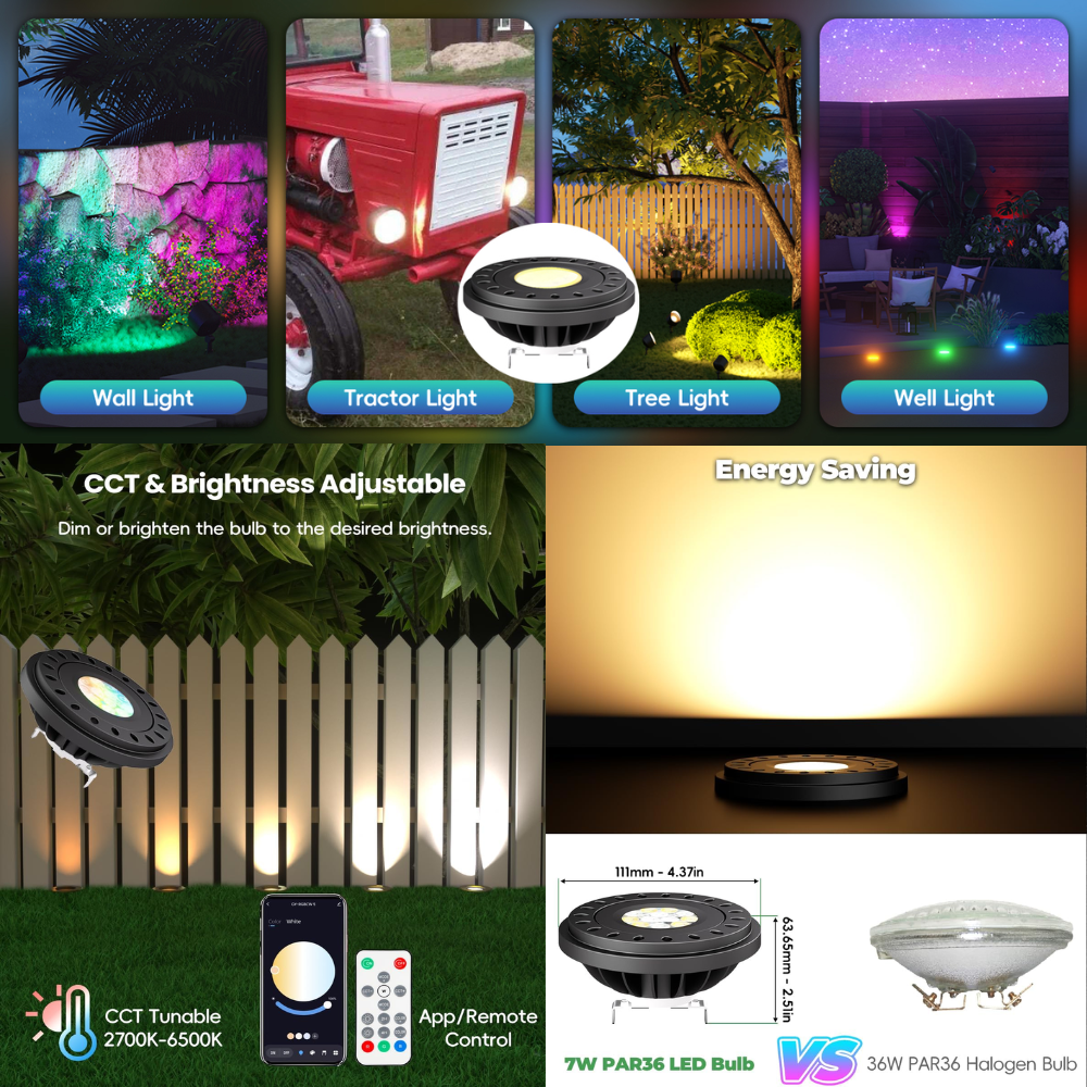 PAR36 7W RGB+CCT Tunable 2700K to 6500K, Remote and App Controlled, Dimmable, IP67 waterproof Low Voltage Bulbs
