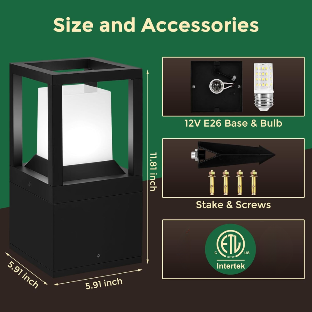 Outdoor Landscape Lighting LED 12V Low Voltage CPLA11 Outdoor Aluminum Post Lantern Light with Spike and Bolted Mount Base with Replaceable 5W 5000K E26 Bulb Low Voltage AC/DC 12V IP65 Waterproof
