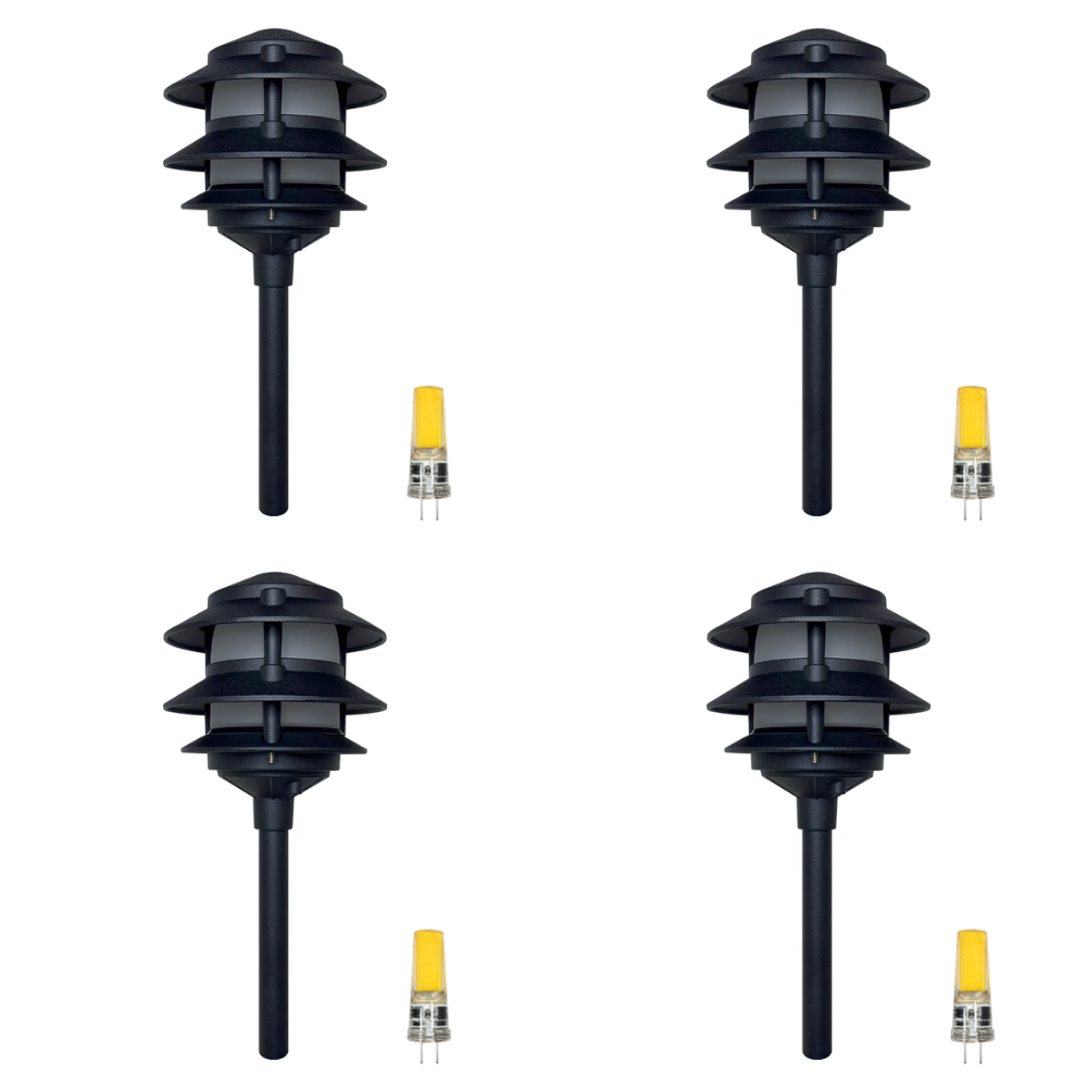 Outdoor Landscape Lighting LED 12V Low Voltage CDPA72 4x/8x/12x Package Black 12V AC/DC Low Voltage Landscape Lighting 3 Tier Aluminum Pagoda Path Light 3W 3000K G4 Bulb 4 Pack Black
