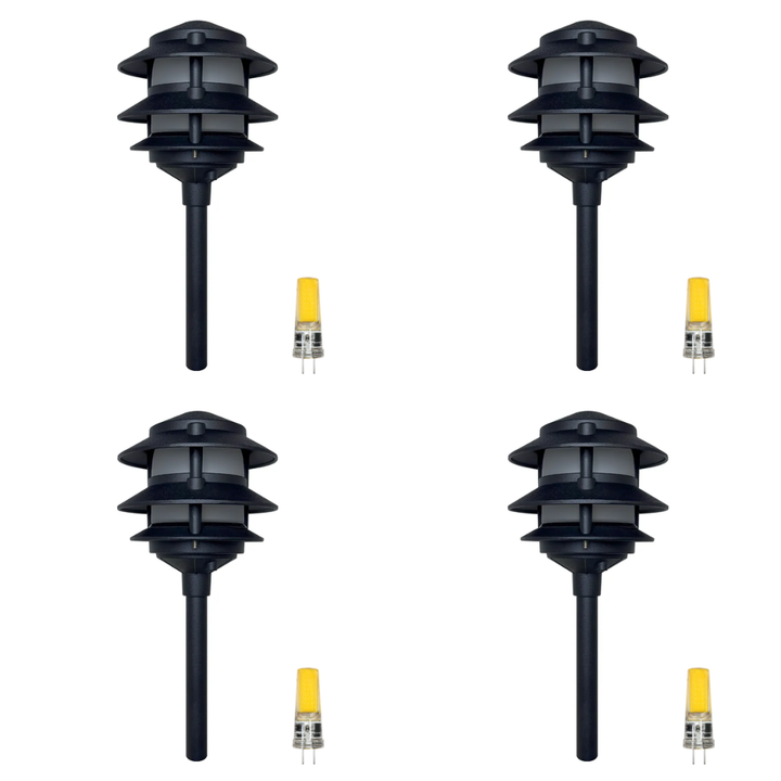 Outdoor Landscape Lighting LED 12V Low Voltage CDPA72 4x/8x/12x Package Black 12V AC/DC Low Voltage Landscape Lighting 3 Tier Aluminum Pagoda Path Light 3W 3000K G4 Bulb 4 Pack Black