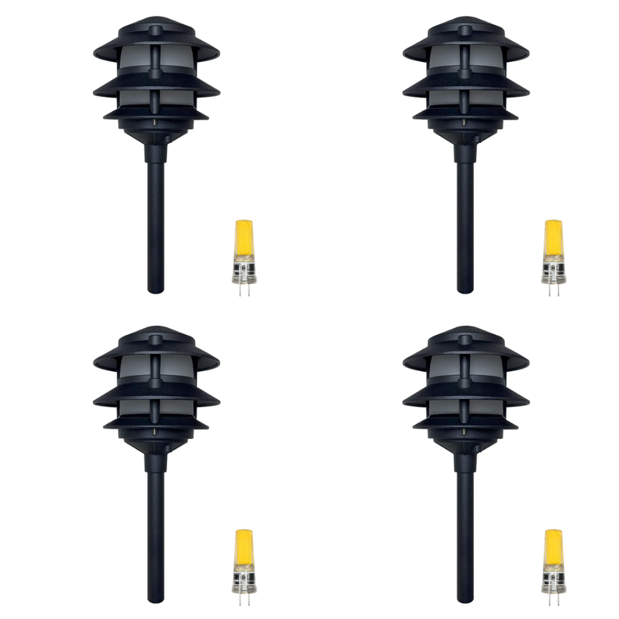 Outdoor Landscape Lighting LED 12V Low Voltage CDPA72 4x/8x/12x Package Black 12V AC/DC Low Voltage Landscape Lighting 3 Tier Aluminum Pagoda Path Light 3W 3000K G4 Bulb 4 Pack Black