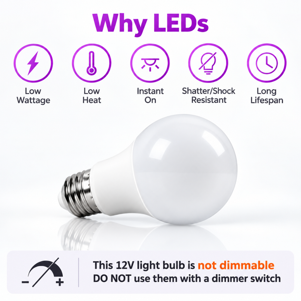 E26 6W 12V-24V 3000K/5000K 600LM AC/DC LED Shatterproof Bulbs 6-Pack Non-Dimmable Energy Saving Low Voltage Light Bulb