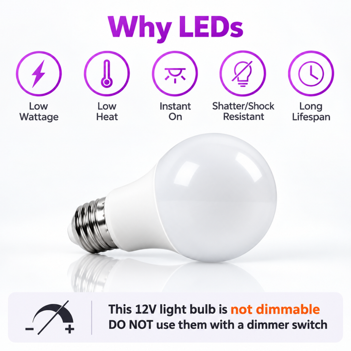 E26 6W 12V-24V 3000K/5000K 600LM AC/DC LED Shatterproof Bulbs 6-Pack Non-Dimmable Energy Saving Low Voltage Light Bulb