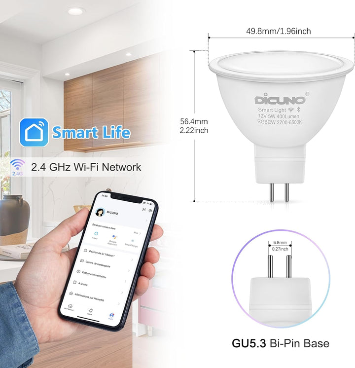 RGBCW MR16 5W Smart WIFI LED Light Bulb 4 Pack, Energy Saving RGBCW Color Changing 12V Outdoor LED Bulb Package Compatible with Alexa, Google Assistant, and Siri