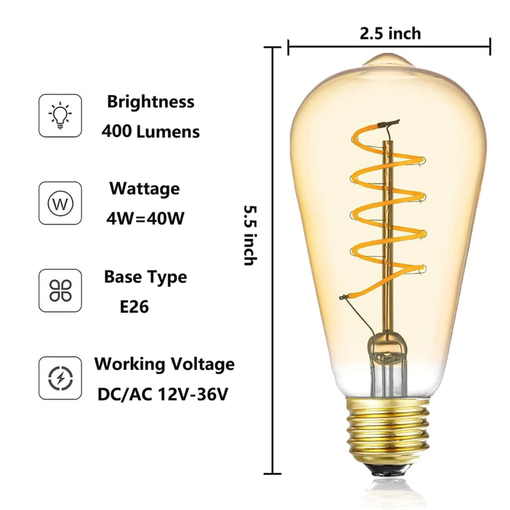 E26 4W 12V-36V 2700K AC/DC LED Spiral Filament Edison Bulbs Package Dimmable Energy Saving Low Voltage Light Bulb