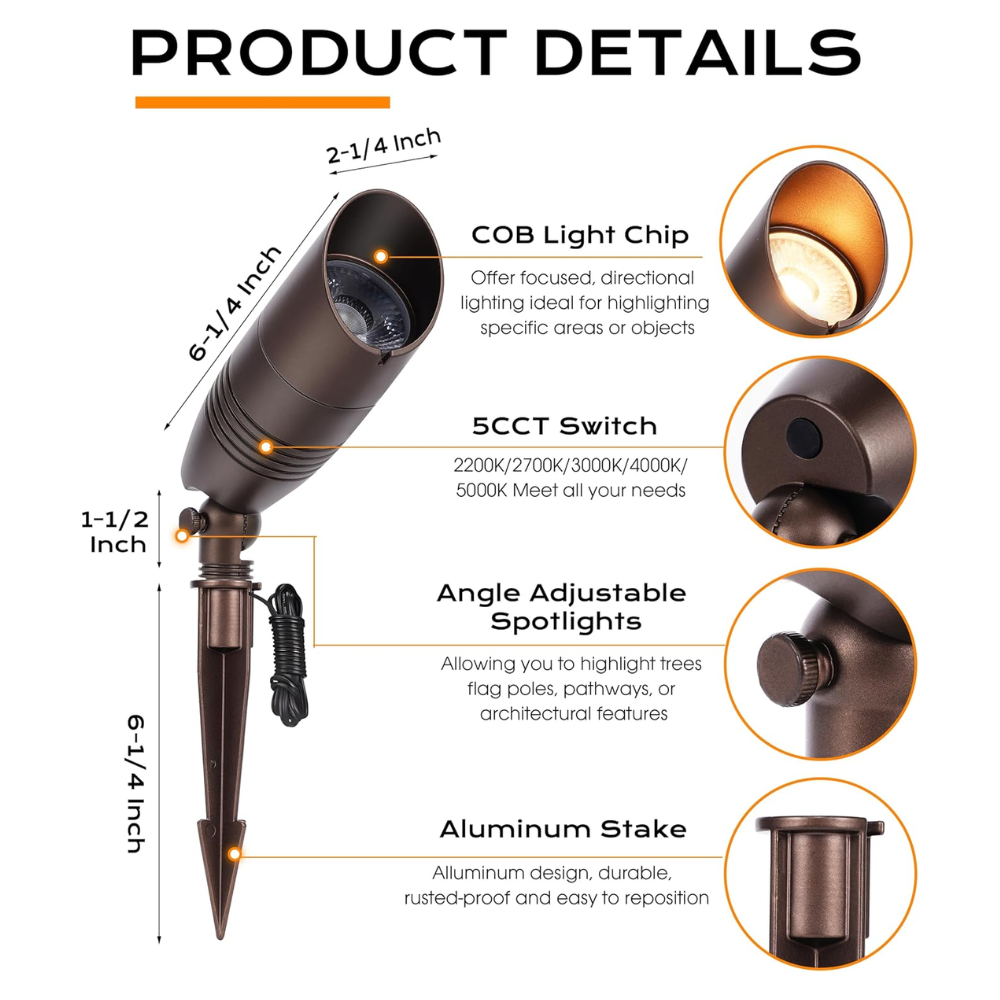 Outdoor Landscape Lighting LED 12V Low Voltage CDA02 4-Pack 9W 5CCT 2200K/2700K/3000K/4000K/5000K Selectable Integrated LED Bronze Aluminum Outdoor Spotlight Directional 12V AC/DC Low Voltage Landscape Lighting Package