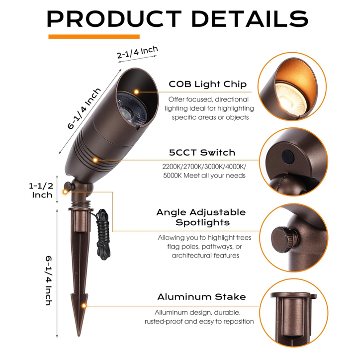 Outdoor Landscape Lighting LED 12V Low Voltage CDA02 4-Pack 9W 5CCT 2200K/2700K/3000K/4000K/5000K Selectable Integrated LED Bronze Aluminum Outdoor Spotlight Directional 12V AC/DC Low Voltage Landscape Lighting Package