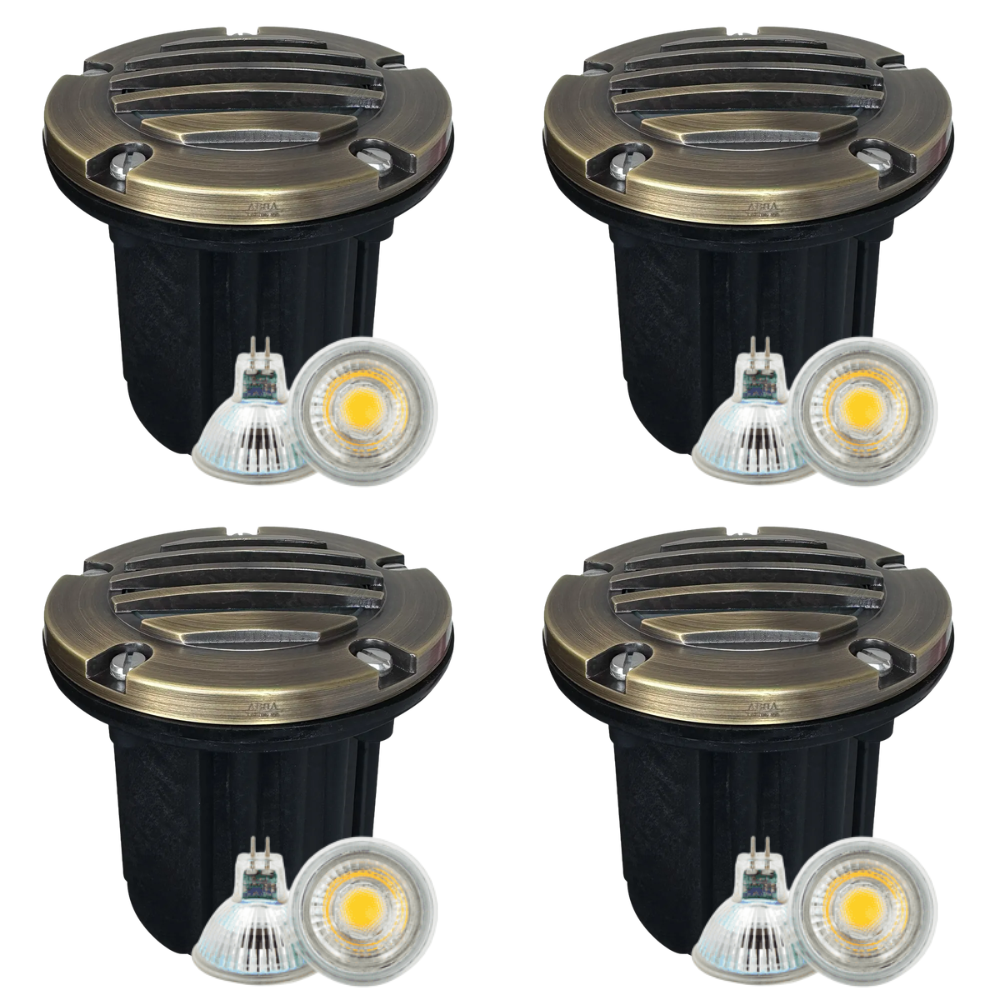 Outdoor Landscape Lighting LED 12V Low Voltage UNB06 4x/8x/12x Package Cast Brass 12V Low Voltage Round Grill LED In-Ground Well Light IP65 Waterproof with 3W 3000K Bulb Natural Brass 4 Pack