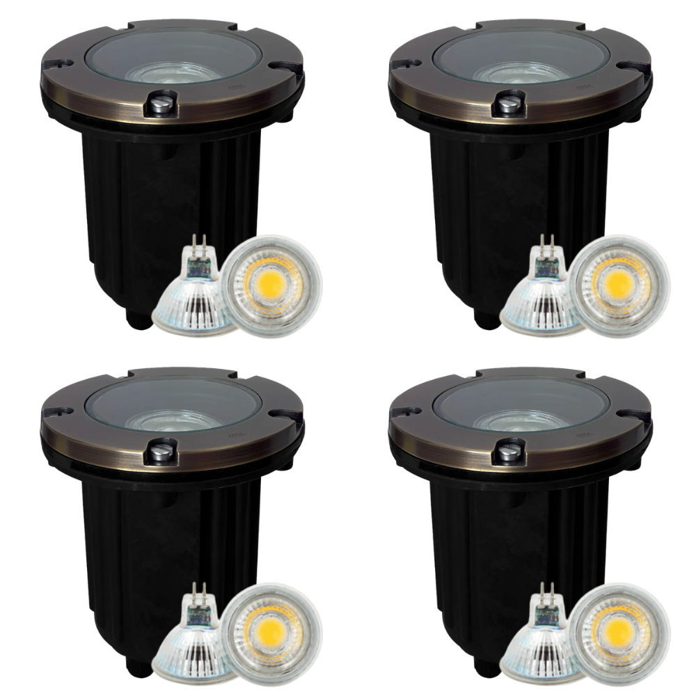Outdoor Landscape Lighting LED 12V Low Voltage UNB04 4x/8x/12x Package Cast Brass 12V Low Voltage Round LED In-Ground Well Light IP65 Waterproof with 3W 3000K Bulb Natural Brass 4 Pack
