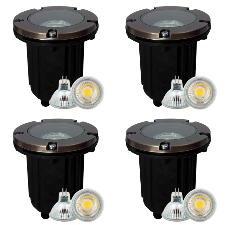 Outdoor Landscape Lighting LED 12V Low Voltage UNB04 4x/8x/12x Package Cast Brass 12V Low Voltage Round LED In-Ground Well Light IP65 Waterproof with 3W 3000K Bulb Natural Brass 4 Pack