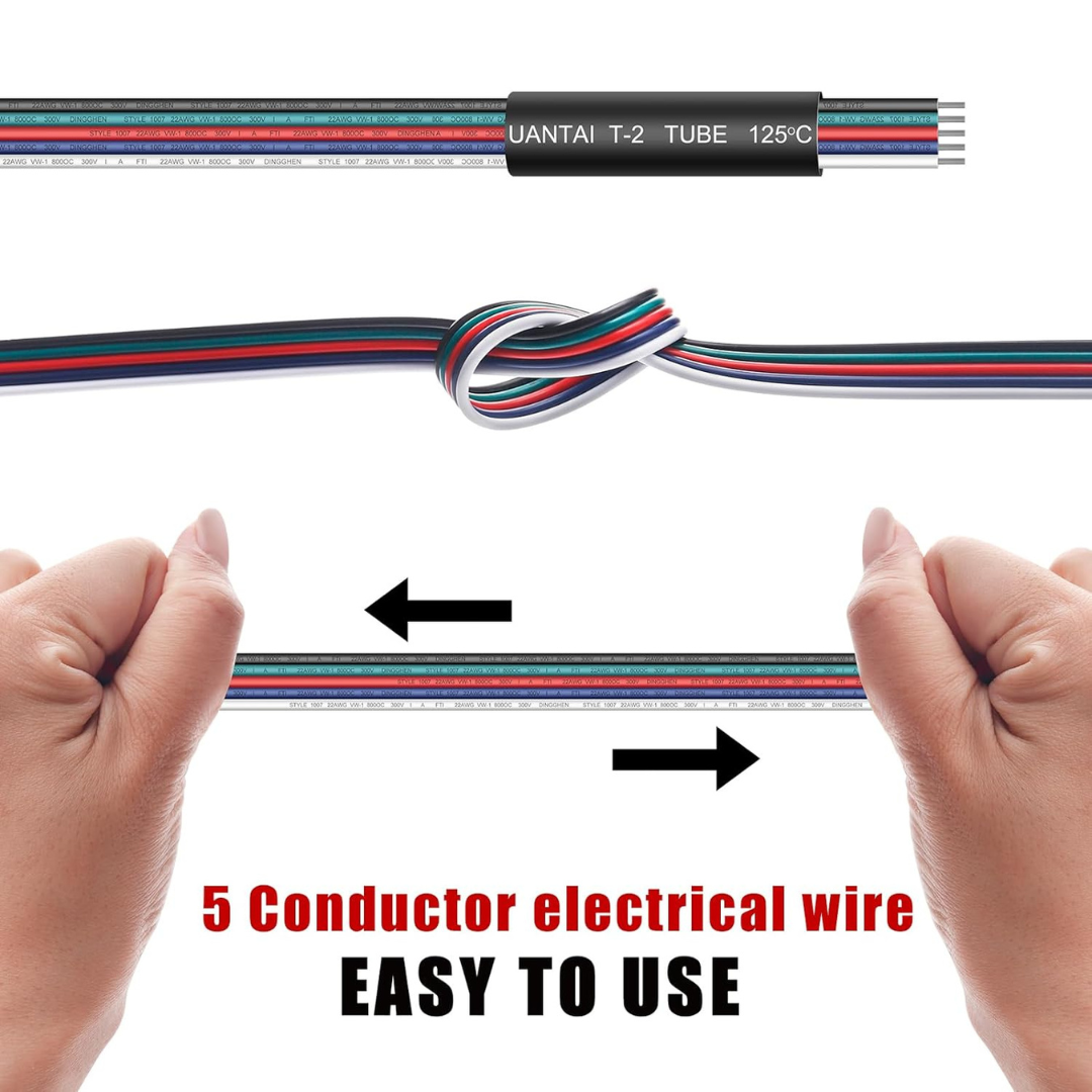 100ft RGBW LED Extension Cable 22 Gauge 5Pin 12V-24V DC Electrical Wire 5 Colors 22AWG Wires with 10PCS Heat-shrinkable Tubes for RGBW 3528 5050 Led Strip
