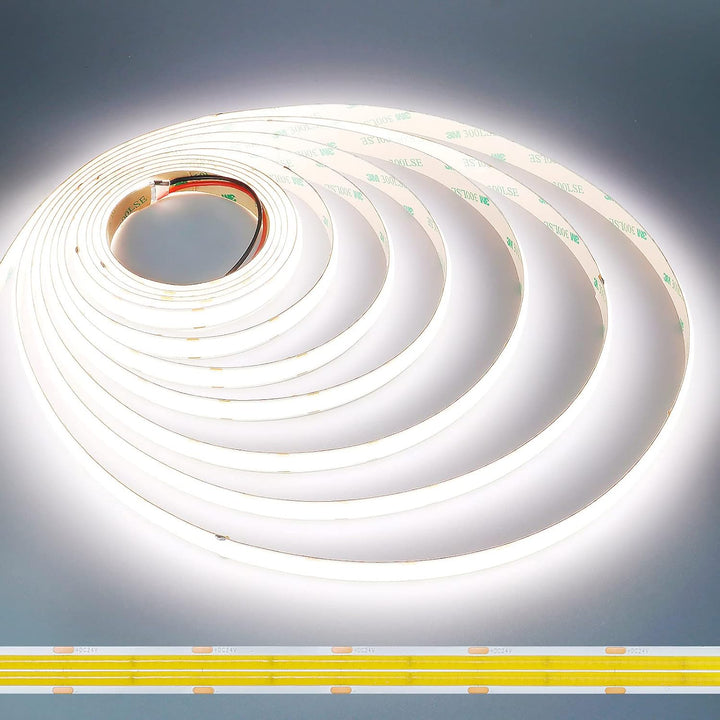 SLD15 Dotless Linear Single-Color 3000K/4000K/5000K LED Dimmable, 7.6W/ft 16.4ft COB Strip Lights IP20 Low Voltage 12mm DC24V Dual Row Super Bright Tape Light