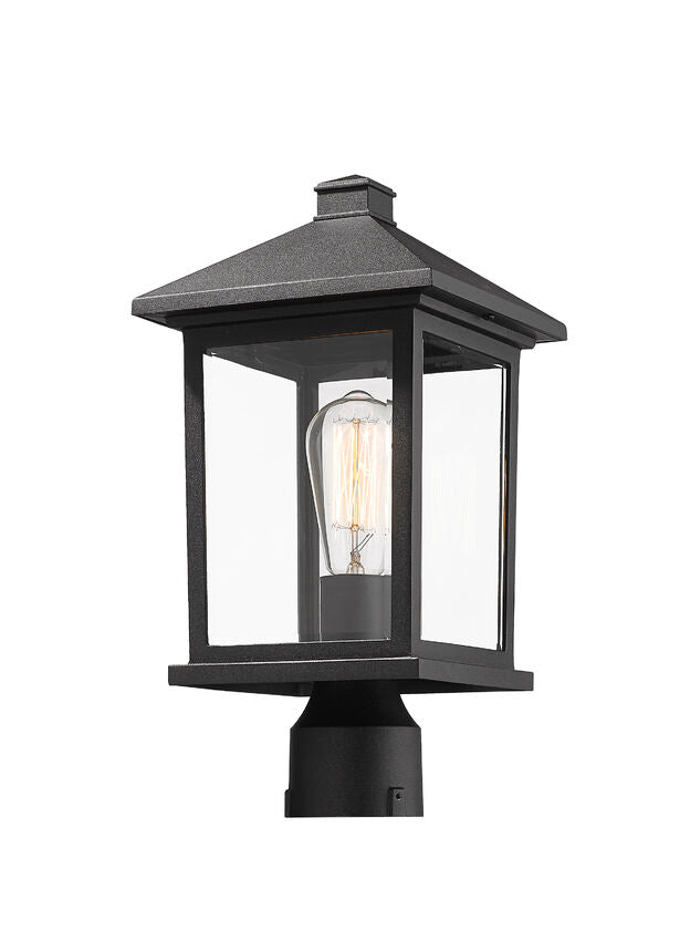 Portland 531PHMR Outdoor Post Mounted Fixture Post Head Lights 8" x 8" x 16" Black Aluminum Clear Beveled Glass Line Voltage Medium 120V 1 E26 Base Socket for Garden, Exterior Lighting