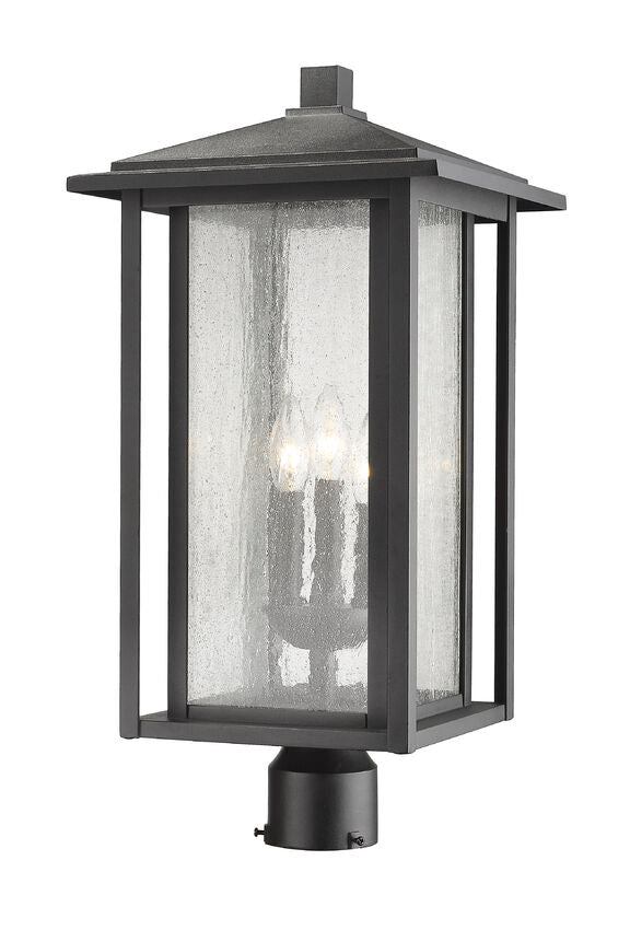 Aspen 554PHXLR 3 Lights Outdoor Post Mounted Fixture Post Head Lights 11" x 11" x 22.44" Black Aluminum Clear Seedy Glass Line Voltage 120V 3 Candelabra Base E12 Sockets for Garden, Exterior Lighting