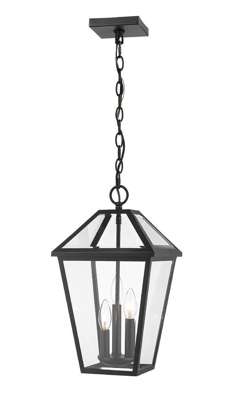 Talbot 579CHB 3 Lights Outdoor Chain Mount Ceiling Hanging Pendant Fixture 10.0" x 10.0" x 18.0" Black Stainless Steel Clear Beveled Glass Line Voltage Candelabra 120V 3 E12 Base Sockets for Garden, Exterior Lighting