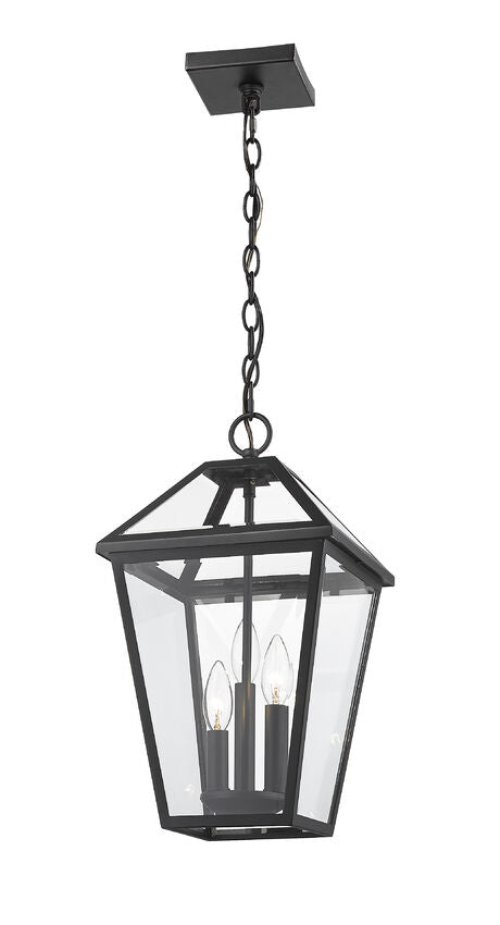 Talbot 579CHB 3 Lights Outdoor Chain Mount Ceiling Hanging Pendant Fixture 10.0" x 10.0" x 18.0" Black Stainless Steel Clear Beveled Glass Line Voltage Candelabra 120V 3 E12 Base Sockets for Garden, Exterior Lighting