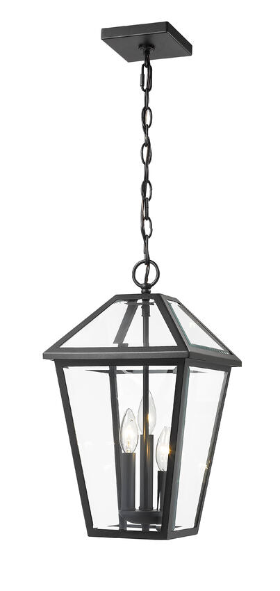 Talbot 579CHB 3 Lights Outdoor Chain Mount Ceiling Hanging Pendant Fixture 10.0" x 10.0" x 18.0" Black Stainless Steel Clear Beveled Glass Line Voltage Candelabra 120V 3 E12 Base Sockets for Garden, Exterior Lighting