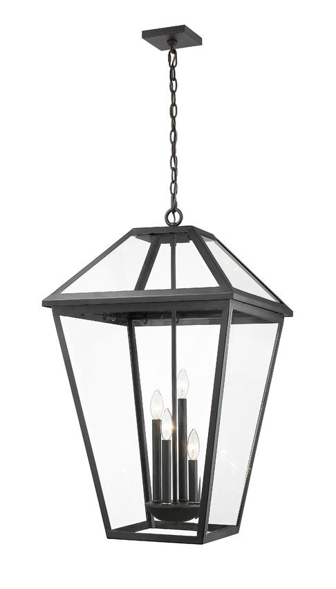 Talbot 579CHXLX 4 Outdoor Chain Mount Ceiling Hanging Pendant Fixture 19.5" x 19.5" x 32.25" Black Stainless Steel and Iron Clear Beveled Glass Line Voltage Candelabra 120V 4 E12 Base Sockets for Garden, Exterior Lighting