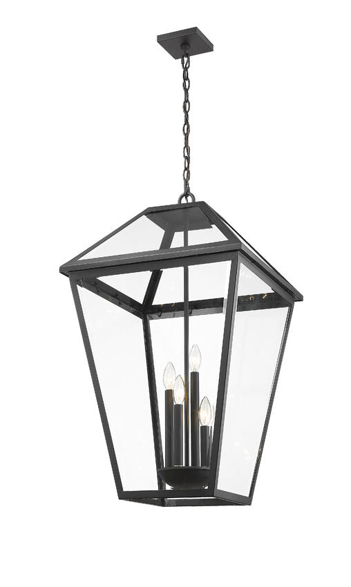 Talbot 579CHXLX 4 Outdoor Chain Mount Ceiling Hanging Pendant Fixture 19.5" x 19.5" x 32.25" Black Stainless Steel and Iron Clear Beveled Glass Line Voltage Candelabra 120V 4 E12 Base Sockets for Garden, Exterior Lighting