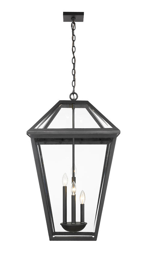 Talbot 579CHXLX 4 Outdoor Chain Mount Ceiling Hanging Pendant Fixture 19.5" x 19.5" x 32.25" Black Stainless Steel and Iron Clear Beveled Glass Line Voltage Candelabra 120V 4 E12 Base Sockets for Garden, Exterior Lighting