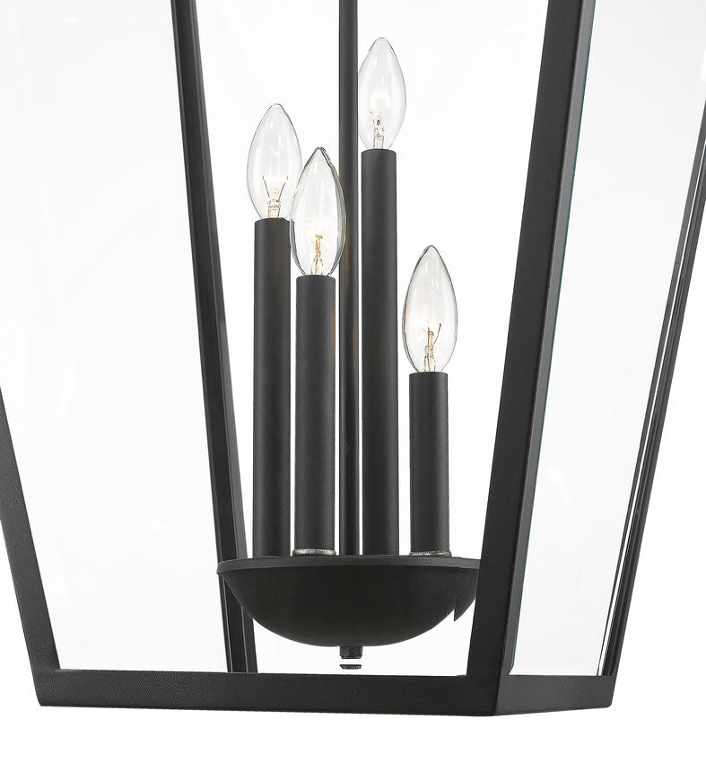 Talbot 579CHXLX 4 Outdoor Chain Mount Ceiling Hanging Pendant Fixture 19.5" x 19.5" x 32.25" Black Stainless Steel and Iron Clear Beveled Glass Line Voltage Candelabra 120V 4 E12 Base Sockets for Garden, Exterior Lighting