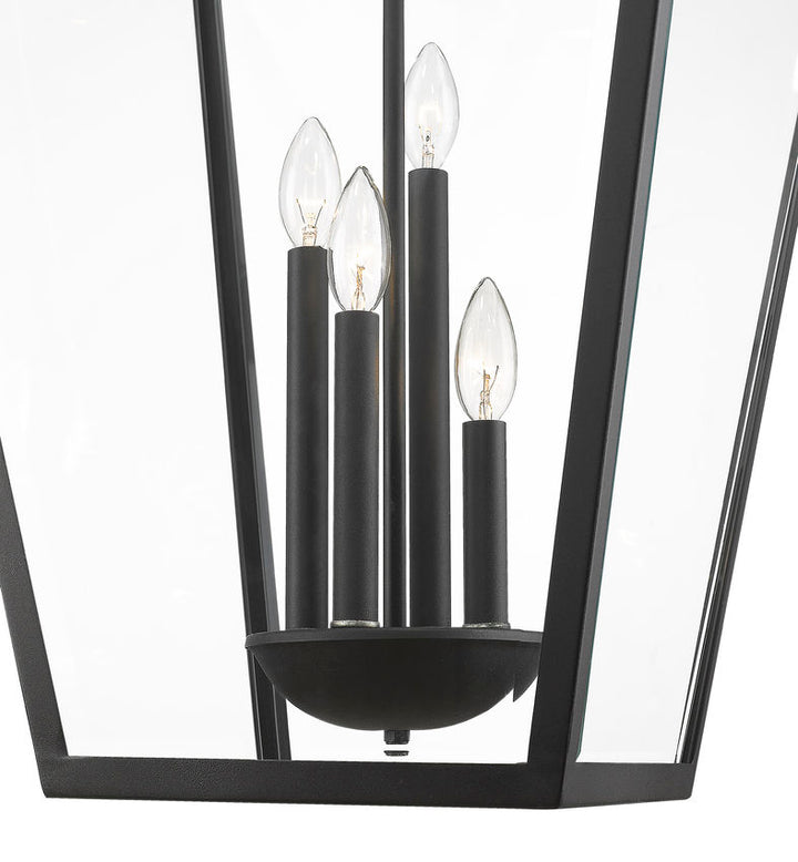 Talbot 579CHXLX 4 Outdoor Chain Mount Ceiling Hanging Pendant Fixture 19.5" x 19.5" x 32.25" Black Stainless Steel and Iron Clear Beveled Glass Line Voltage Candelabra 120V 4 E12 Base Sockets for Garden, Exterior Lighting