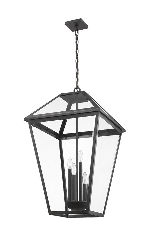 Talbot 579CHXLX 4 Outdoor Chain Mount Ceiling Hanging Pendant Fixture 19.5" x 19.5" x 32.25" Black Stainless Steel and Iron Clear Beveled Glass Line Voltage Candelabra 120V 4 E12 Base Sockets for Garden, Exterior Lighting