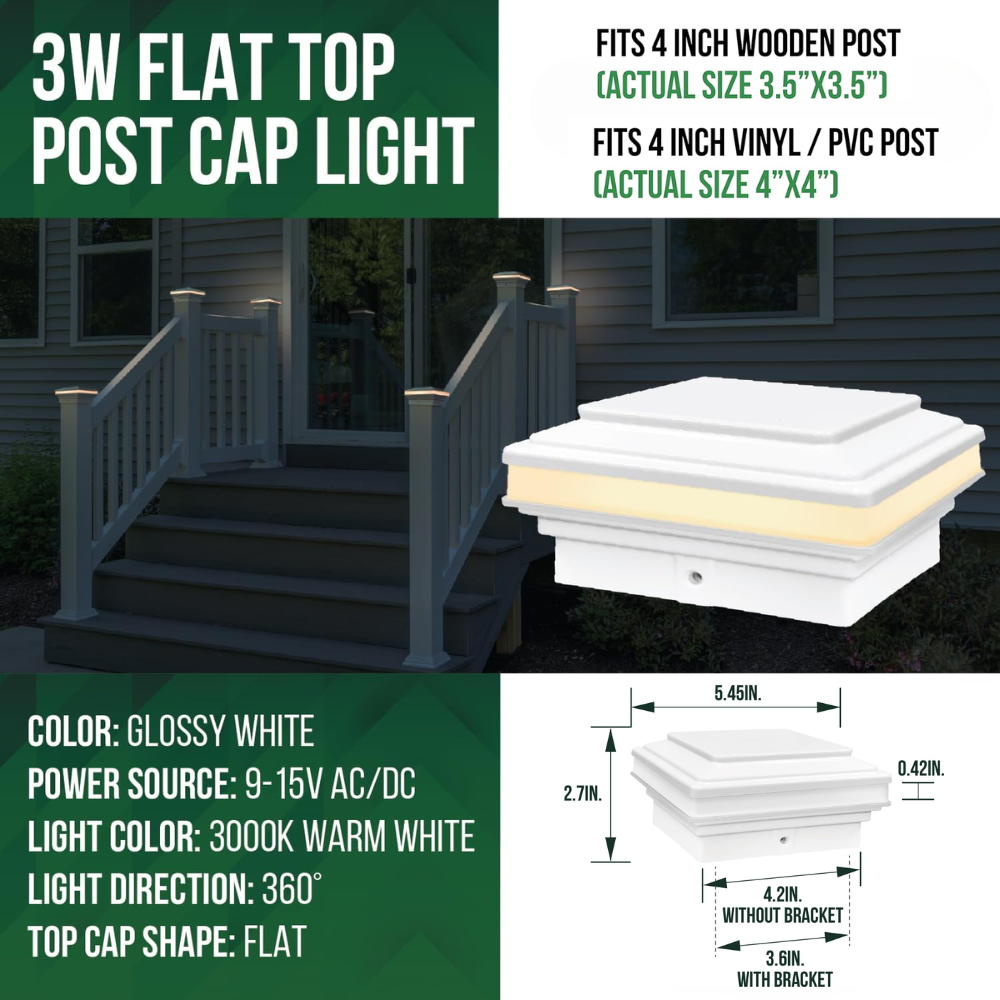 Outdoor Landscape Lighting LED 12V Low Voltage CPL03 Modern Flat-Top 12V AC/DC Low Voltage 3W 2700K/3000K 150 Lumens LED Post Cap Light for 3.5x3.5 or 4x4 Posts IP65 Waterproof 3000K Warm White