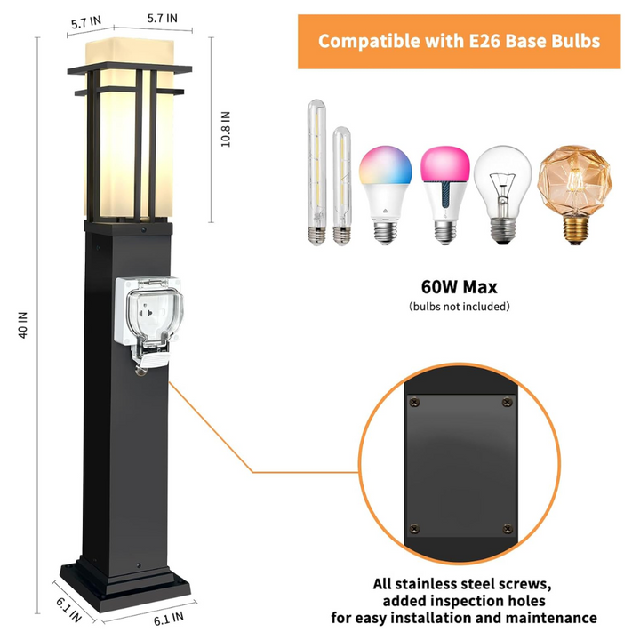 Outdoor Landscape Lighting LED 12V Low Voltage CPLA10 Outdoor Aluminum Post Mounted Lantern Light with 40" Post and Built-in GFCI Outlet, Mount Base E26 Socket Line Voltage 120V AC IP65 Waterproof