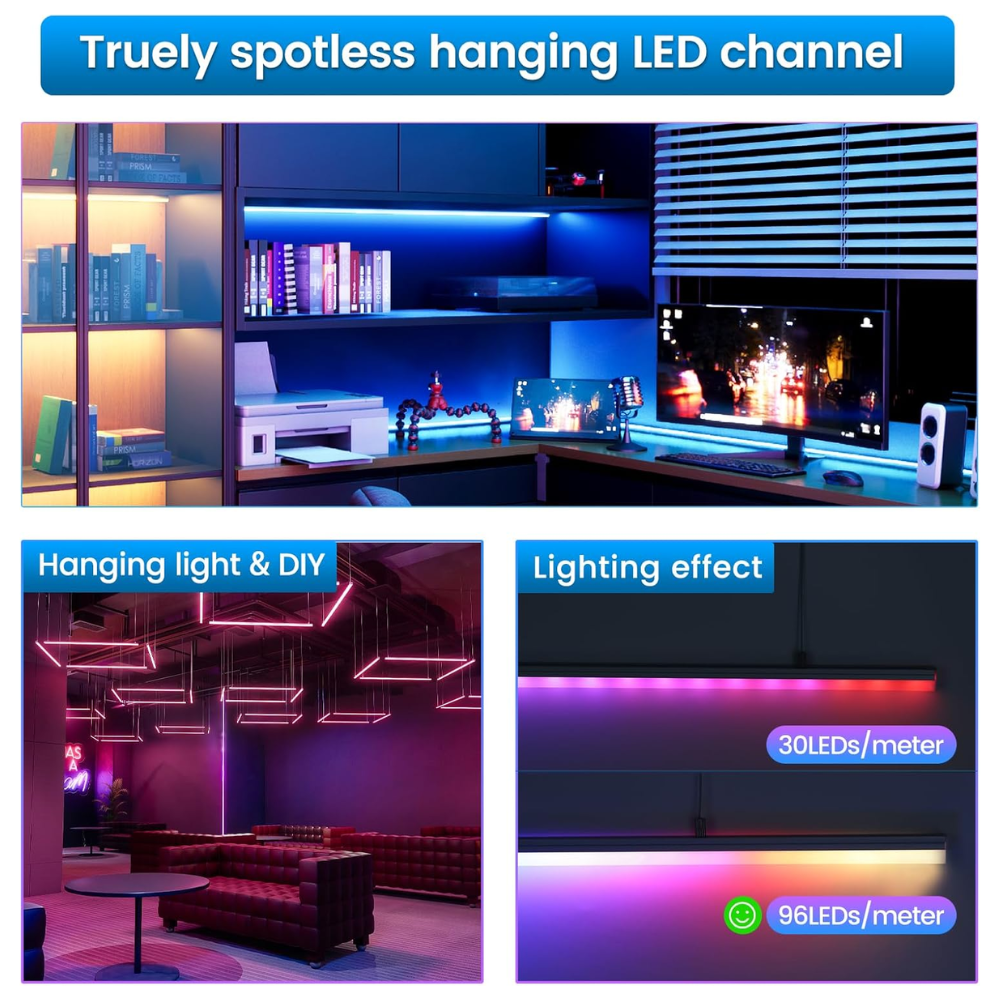 AC15 Spotless Aluminum Channel with Hanging Wire 3.3FT/1M For Max 17mm Width LED Strip Lights Pack of 5 and 10