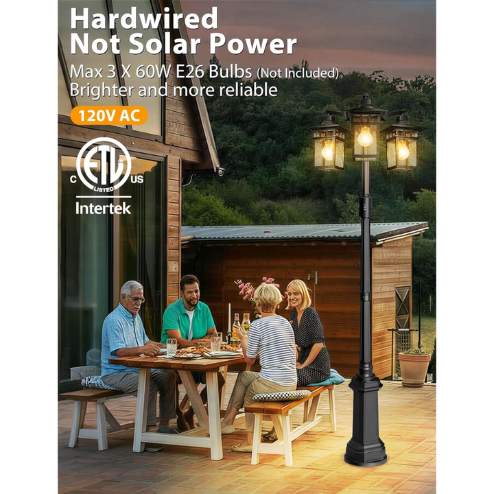 PLH04 360° Motion Sensor and Dusk-to-Dawn Classic Black Aluminum 3-Head Rectangular Post Light 87.5" Pole with Glass Panels 3 E26 Base Medium Base Socket 120V with for Garden, Exterior Lighting