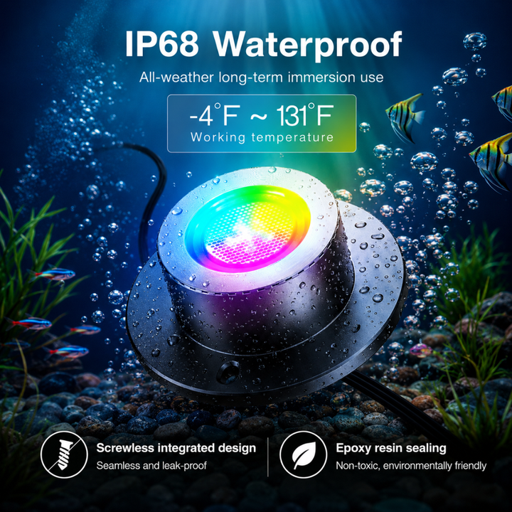 Outdoor Landscape Lighting LED 12V Low Voltage ULBA05 Aluminum Underwater Landscape 12-24V AC/DC 3W RGB+Warm White Integrated Color-changing Fountain Light Pond Lighting IP68 with Remote Control and Transformer Included