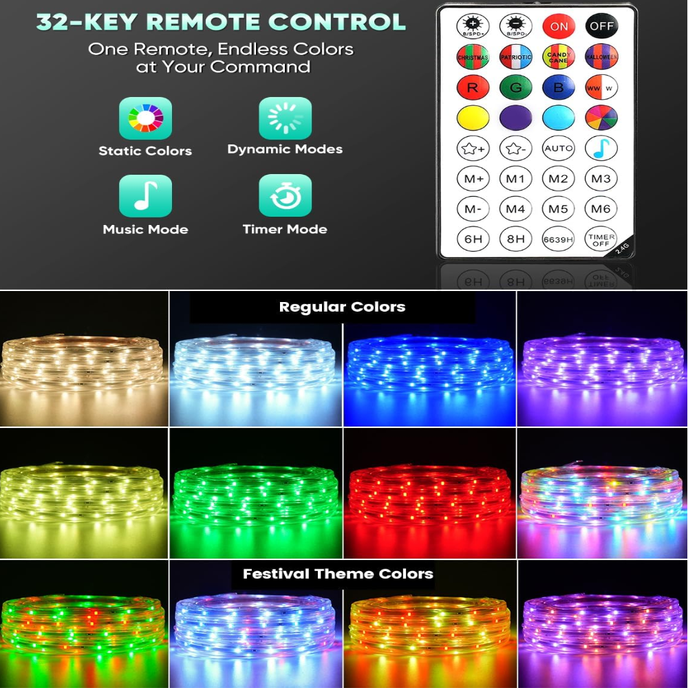 SLNR16 Dotted Neon RGBIC+CCT LED Strip Light 110V IP65 Outdoor Rated Dimmable High Voltage Flat Flexible Strip Light , Mounting Brackets, End Cap, Screws, Remote Control and Power Supply