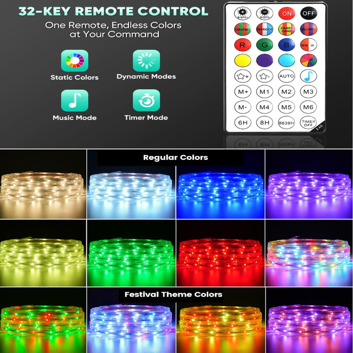 SLNR16 Dotted Neon RGBIC+CCT LED Strip Light 110V IP65 Outdoor Rated Dimmable High Voltage Flat Flexible Strip Light , Mounting Brackets, End Cap, Screws, Remote Control and Power Supply