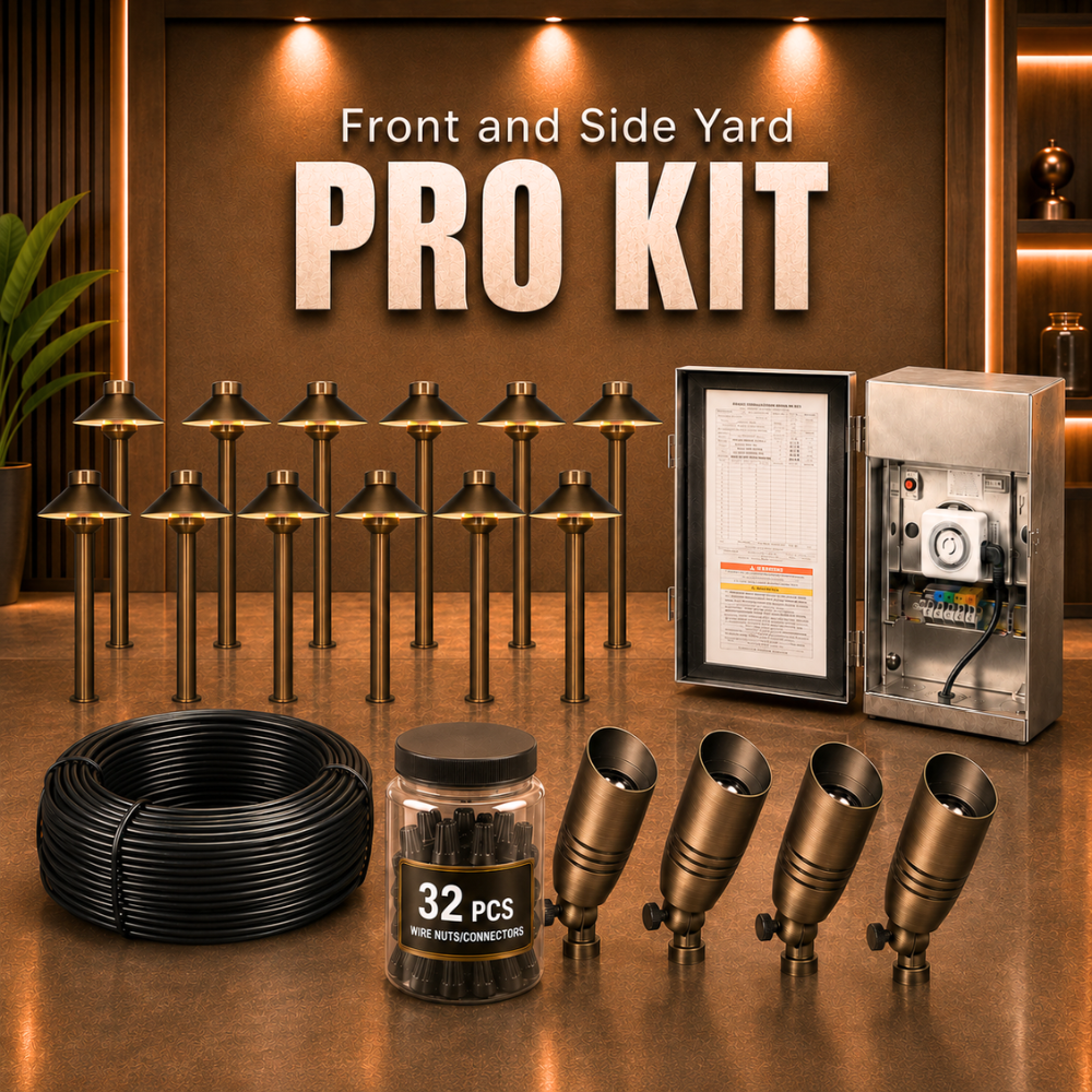 Outdoor Landscape Lighting LED 12V Low Voltage Complete Brass Landscape Lighting Kit: Spotlights, Path Lights, Transformer, Wire & All Required Components Pro Kit: (4) SPB06 | (12) PLB02