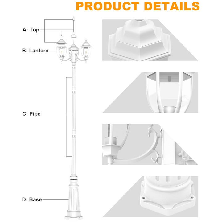 PLH02 Classic Black or White Aluminum 3-Head Post Light 92.5" Pole with Glass Panels 3 E26 Base Medium Base Socket 120V with for Garden, Exterior Lighting