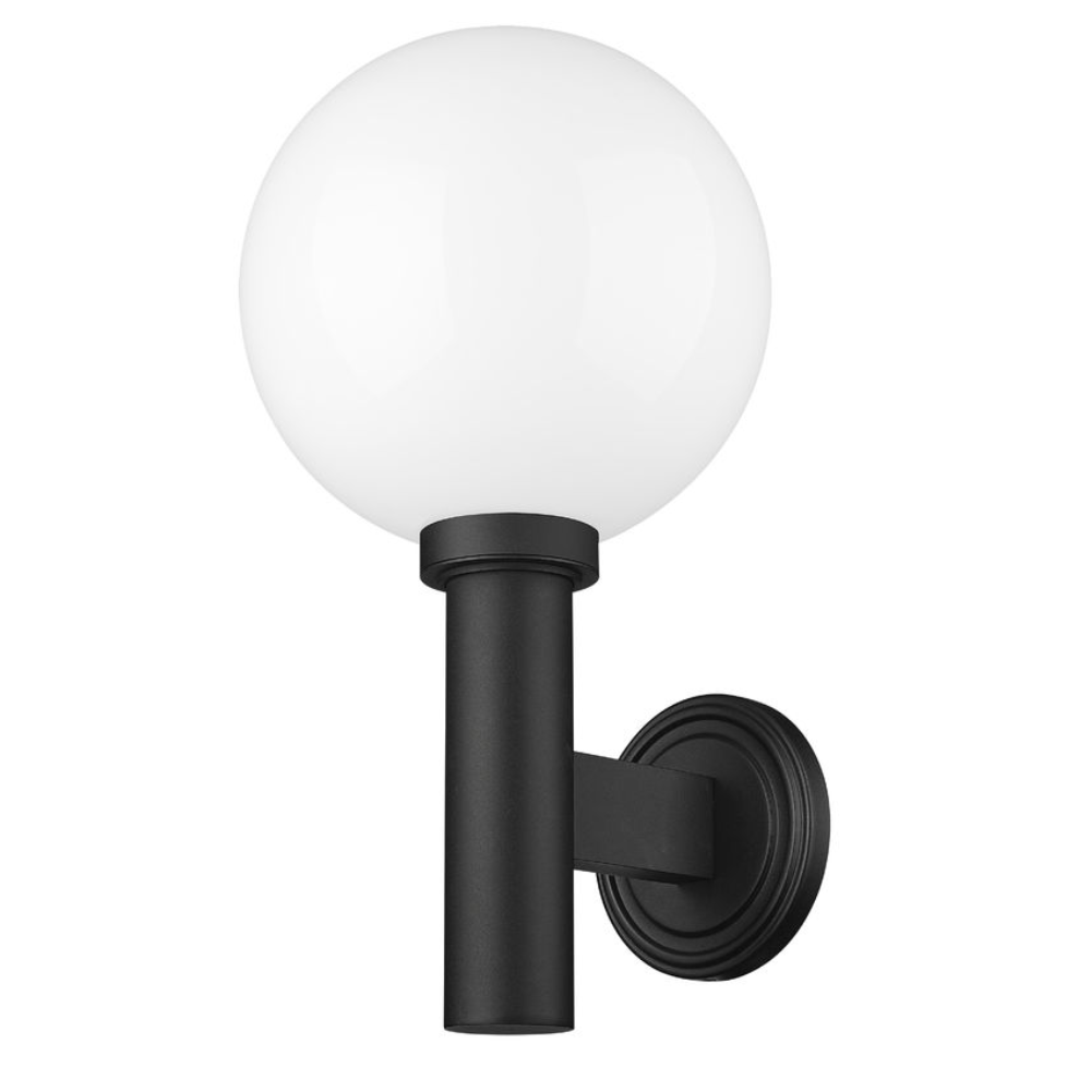 Laurent Outdoor Wall Sconce Light 1 E26 Medium Base Light Bulb Socket Outdoor Marine Grade Aluminum and Glass 12" x 13" x 22.5" Black with White Opal Finish 120V for Garden, Interior, Exterior, Garage and Patio 597B-BK