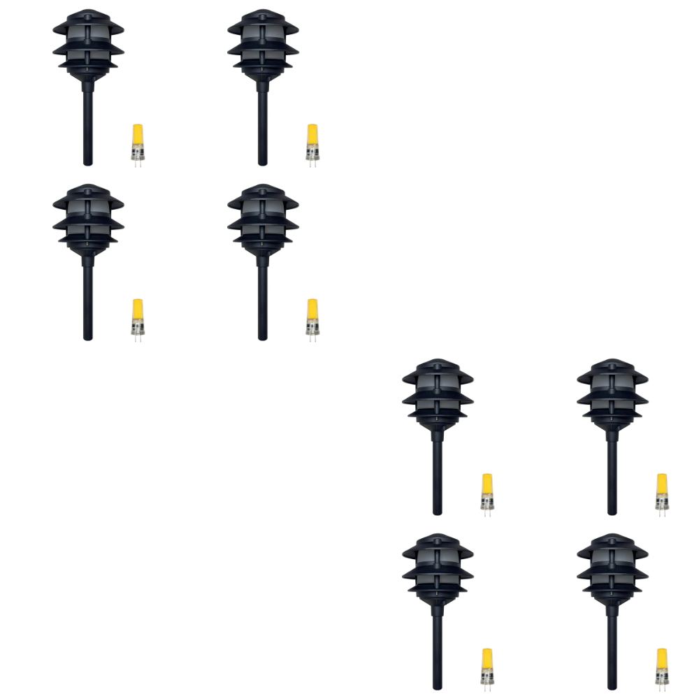 Outdoor Landscape Lighting LED 12V Low Voltage CDPA72 4x/8x/12x Package Black 12V AC/DC Low Voltage Landscape Lighting 3 Tier Aluminum Pagoda Path Light 3W 3000K G4 Bulb 8 Pack Black