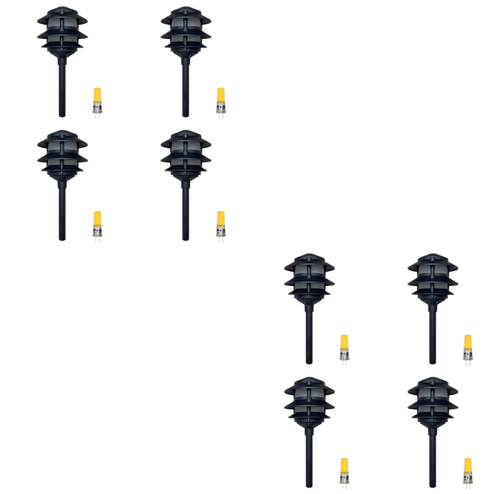 Outdoor Landscape Lighting LED 12V Low Voltage CDPA72 4x/8x/12x Package Black 12V AC/DC Low Voltage Landscape Lighting 3 Tier Aluminum Pagoda Path Light 3W 3000K G4 Bulb 8 Pack Black