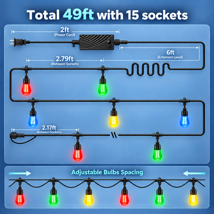 Outdoor Landscape Lighting LED 12V Low Voltage SLR100 LED RGBCWIC Smart Bistro String Lights Color Changing Outdoor Weatherproof 24V Edison Bulbs 49 FT - 15 Bulbs