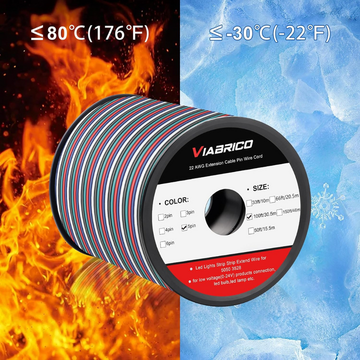 100ft RGBW LED Extension Cable 22 Gauge 5Pin 12V-24V DC Electrical Wire 5 Colors 22AWG Wires with 10PCS Heat-shrinkable Tubes for RGBW 3528 5050 Led Strip