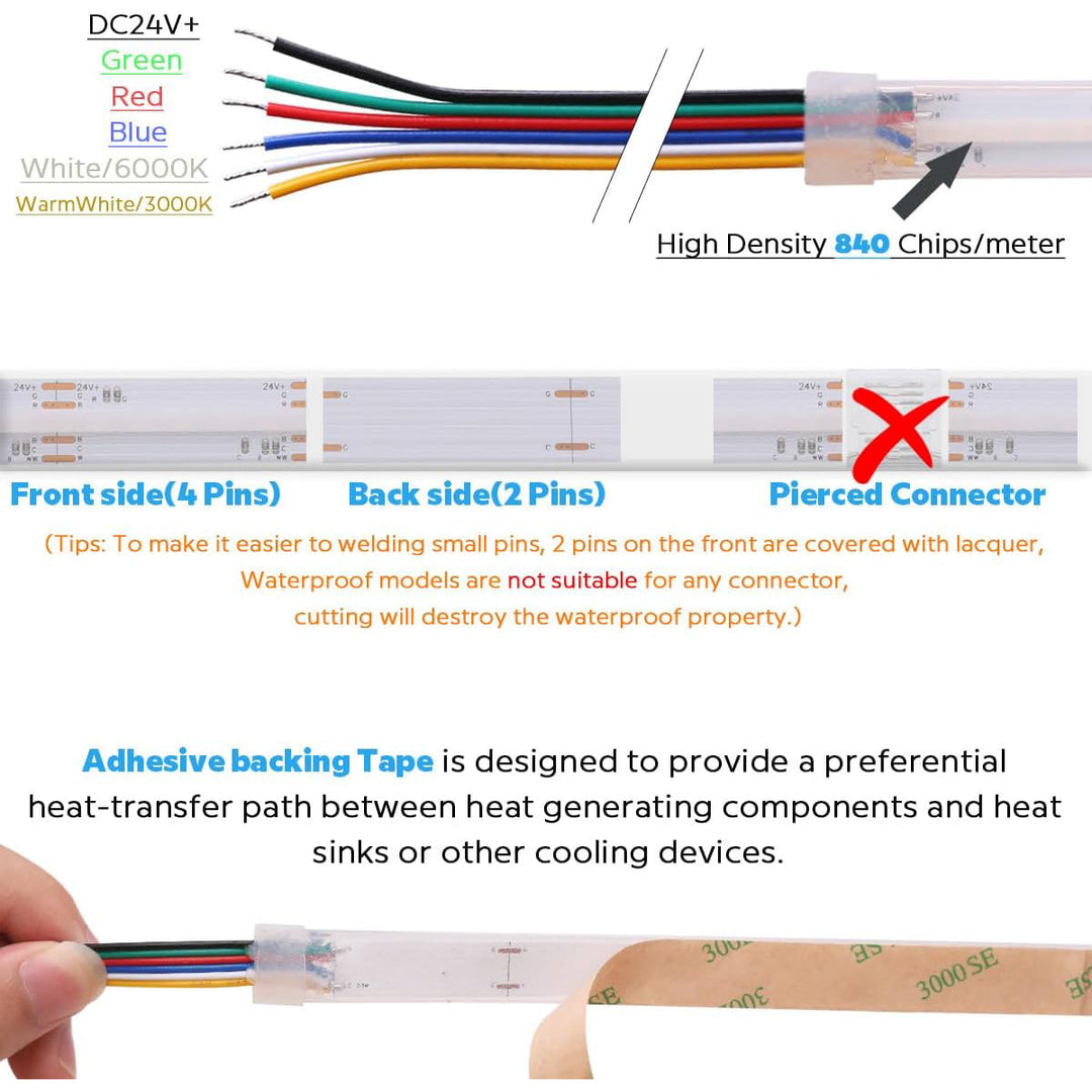 SLD09 Dotless Linear LED RGBCCT Color Changing and Tunable White 5.5W/ft COB Strip Lights IP20/IP67 Low Voltage DC24V Tape Light