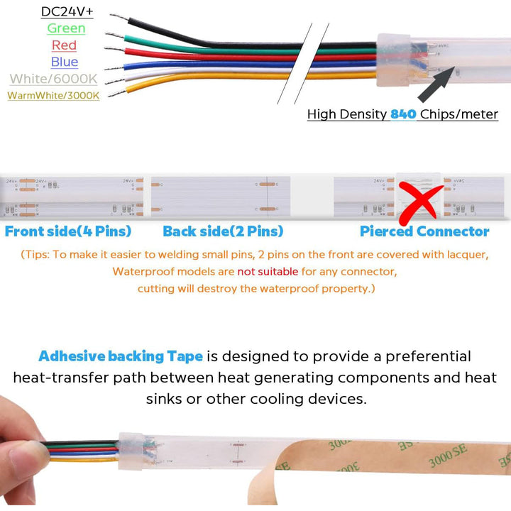 SLD09 Dotless Linear LED RGBCCT Color Changing and Tunable White 5.5W/ft COB Strip Lights IP20/IP67 Low Voltage DC24V Tape Light