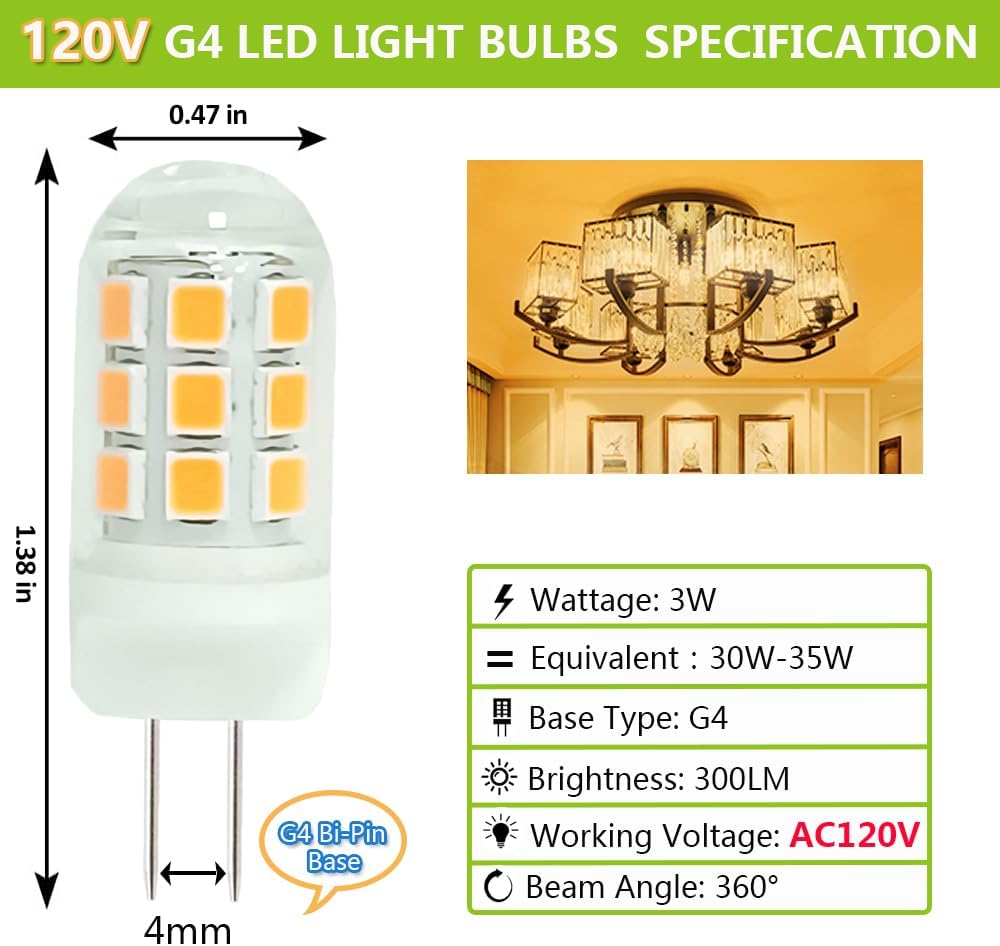 5 Pack G4 3W Bi Pin 3000K/6000K LED Ceramic Capsule 120V Line Voltage Bulb Energy Efficient Light