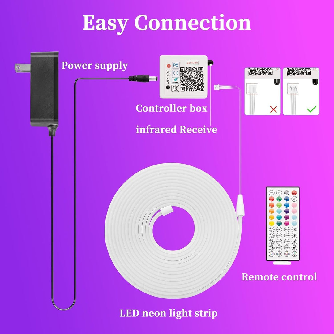 SLNR08 Dotless COB Smart Bluetooth RGB-IC Neon LED Strip Light DC24V IP67 Outdoor Rated Dimmable Low Voltage Silicone Strip Light with Mounting Clips, Screws, Power Adapter and Remote Control