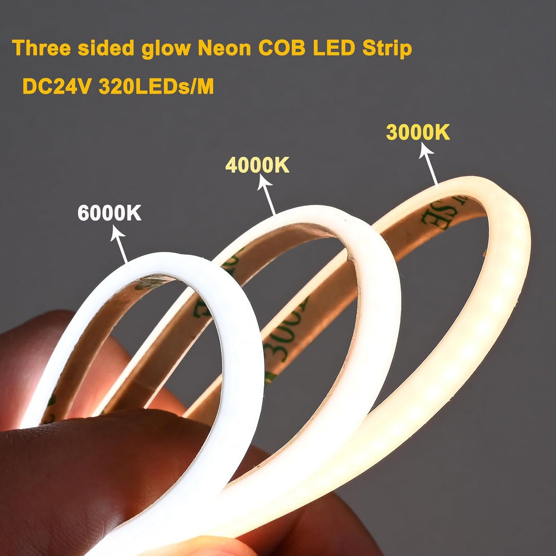 SLN13 Dotless Ultra Thin COB Neon LED Strip Light 1.46W/ft 5x3mm 3000K/4000K DC24V IP65 Outdoor Rated Dimmable Low Voltage Silicone Strip Light with Back Adhesive