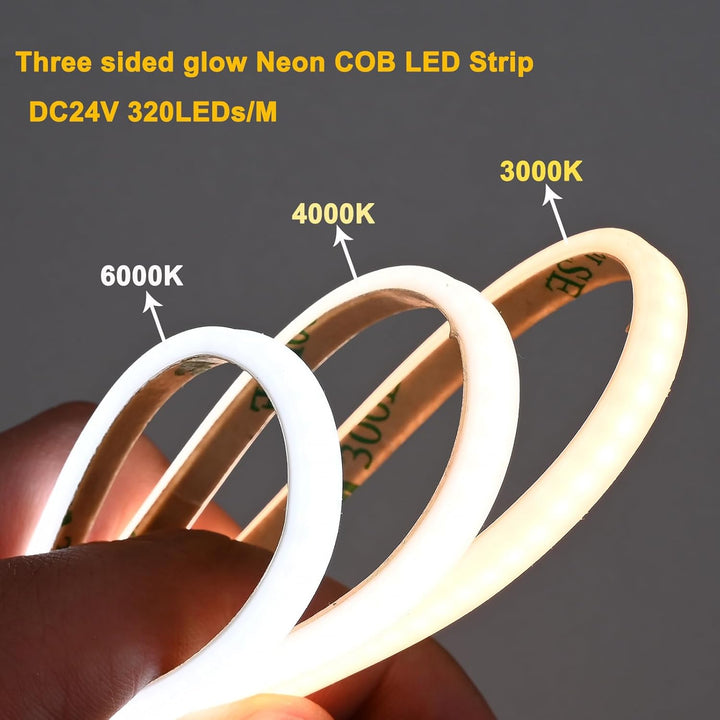 SLN13 Dotless Ultra Thin COB Neon LED Strip Light 1.46W/ft 5x3mm 3000K/4000K DC24V IP65 Outdoor Rated Dimmable Low Voltage Silicone Strip Light with Back Adhesive