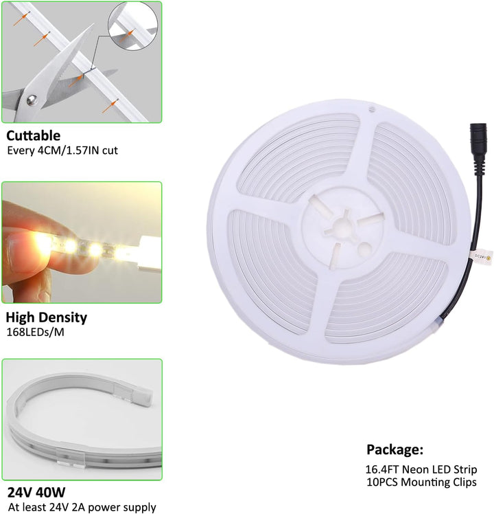 Outdoor Landscape Lighting LED 12V Low Voltage SLN01 Dotless COB Neon LED 16.4FT (5M) Strip Light DC24V 2.44W/ft IP67 4MMx10MM Outdoor Rated Dimmable Low Voltage Silicone Strip Light