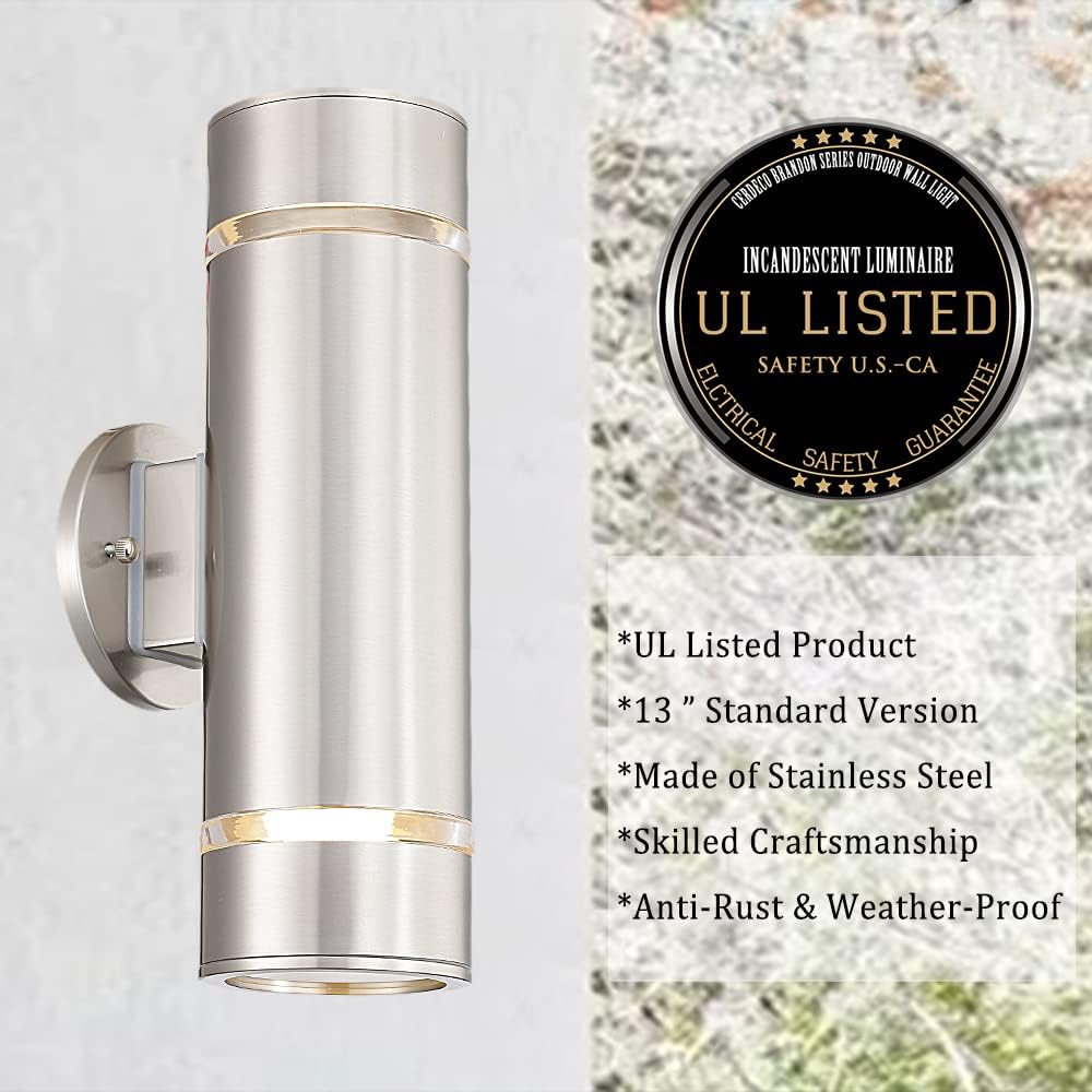 SCSH01 120V Line Voltage LED Stainless Steel Cylinder Up Down Light 2 Directional Sconce Lighting Medium Base Sockets