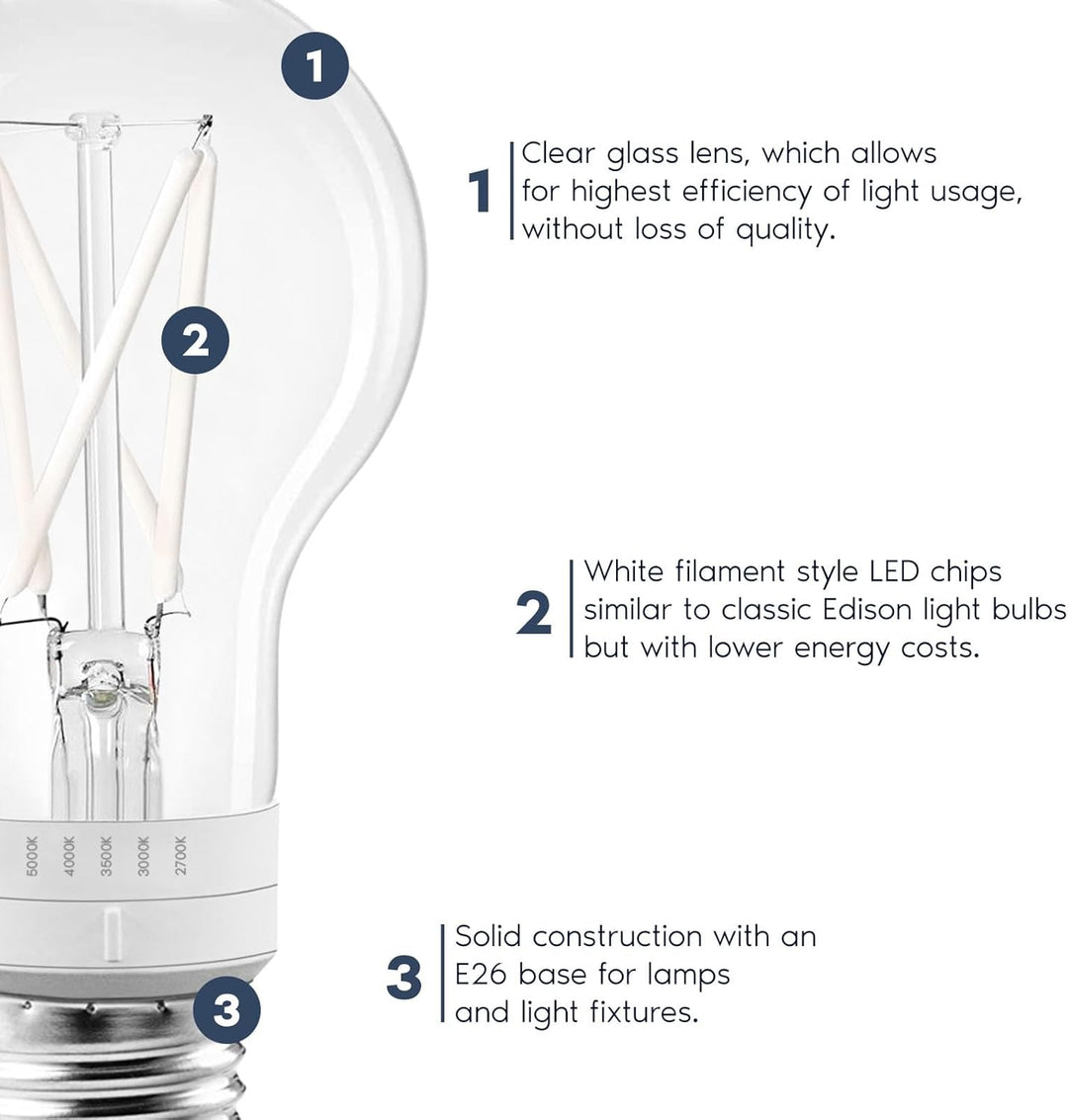 E26 A19 7W Filament 120V Line Voltage 5CCT 2700K/3000K/3500K/4000K/5000K Bulbs Package Dimmable CRI90 Energy Saving High Voltage Medium Base Light Bulb